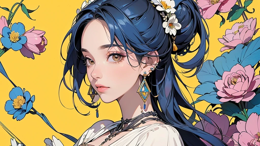 32K, 最高quality, 最高masterpiece, (ultra-Detailed Background, Detailed Background), High resolution, Super detailed, Very detailedな, 1 personの, (bouquet:1.3), (Tangled:1.2), (Geometric:1.2),(colorful),(masterpiece, quality, best quality, Official Art, Beautiful and beautiful:1.2), (1 person:1.3), Very detailed,(colorful:1.1)(Flowers:1.3),Most detailed,(Tangled:1.2), whole body, (Abstract background:1.3), (Skin glows), (Many colors:1.4), ,(Earrings Jewelry:1.5), Yellow background, It's imaginative., Milk tea colored hair, Updo,