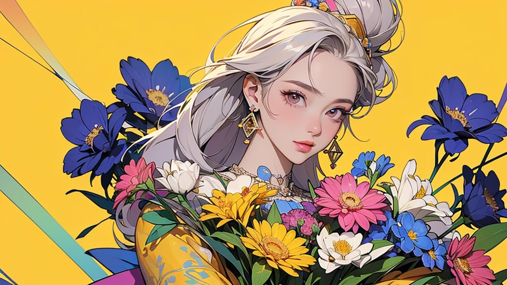 32K, 最高quality, 最高masterpiece, (ultra-Detailed Background, Detailed Background), High resolution, Super detailed, Very detailedな, 1 personの, (bouquet:1.3), (Tangled:1.2), (Geometric:1.2),(colorful),(masterpiece, quality, best quality, Official Art, Beautiful and beautiful:1.2), (1 person:1.3), Very detailed,(colorful:1.1)(Flowers:1.3),Most detailed,(Tangled:1.2), whole body, (Abstract background:1.3), (Skin glows), (Many colors:1.4), ,(Earrings Jewelry:1.5), Yellow background, It's imaginative., Milk tea colored hair, Updo,