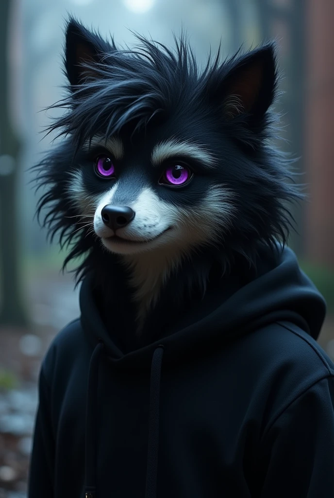  Furry peludo, black and white fur, purples eyes, Bblack hair, black sweatshirt, nocturne background, good quality
,
