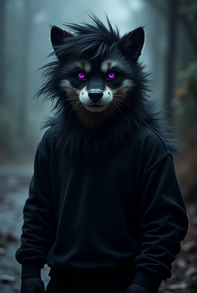 Furry peludo, black and white fur, purples eyes, Bblack hair, black sweatshirt, nocturne background, good quality
,