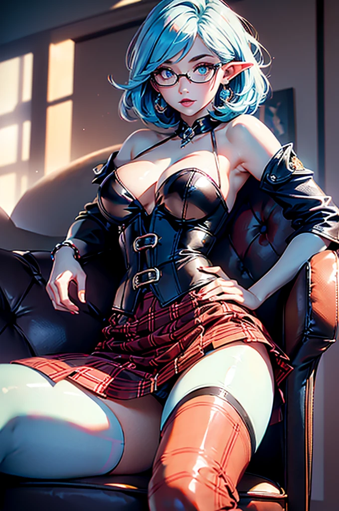 
(large breasts 1.4), beautiful elf woman, ((Short Red Hair: 1.6, straight with shine)), bright blue eyes, bright eyes, double eyelids, light effect on eyes, detailed irises,  sexy curvy body, ((white off the shoulder corset, black and red plaid mini skirt,  black high heels)),  ((work of art, hyper-realistic, hyper detailed, Best quality, 16k, light and shadow on skin, vivid colors), eyeliner, Thin eyebrows, Sensual expression, perfect pouty lips, innocent and sexy mature face, ((skin with light and shadow) flirting with the viewer, lots of freckles, full lips, lips parted, extreme blush, smile, ((Posing laying Sensually on leather couch)), fingertip resting on lower lip,  late at night, rays of light, masterpiece, wearing glasses