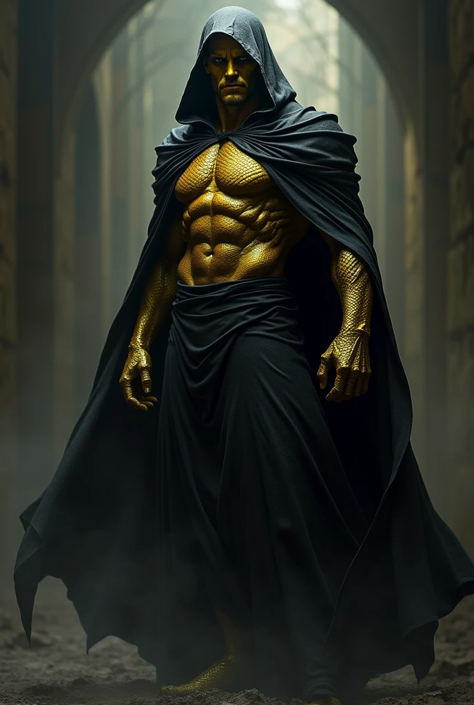 A gold dragonborn dressed in a black cloke covering all of him but one of his gold arms