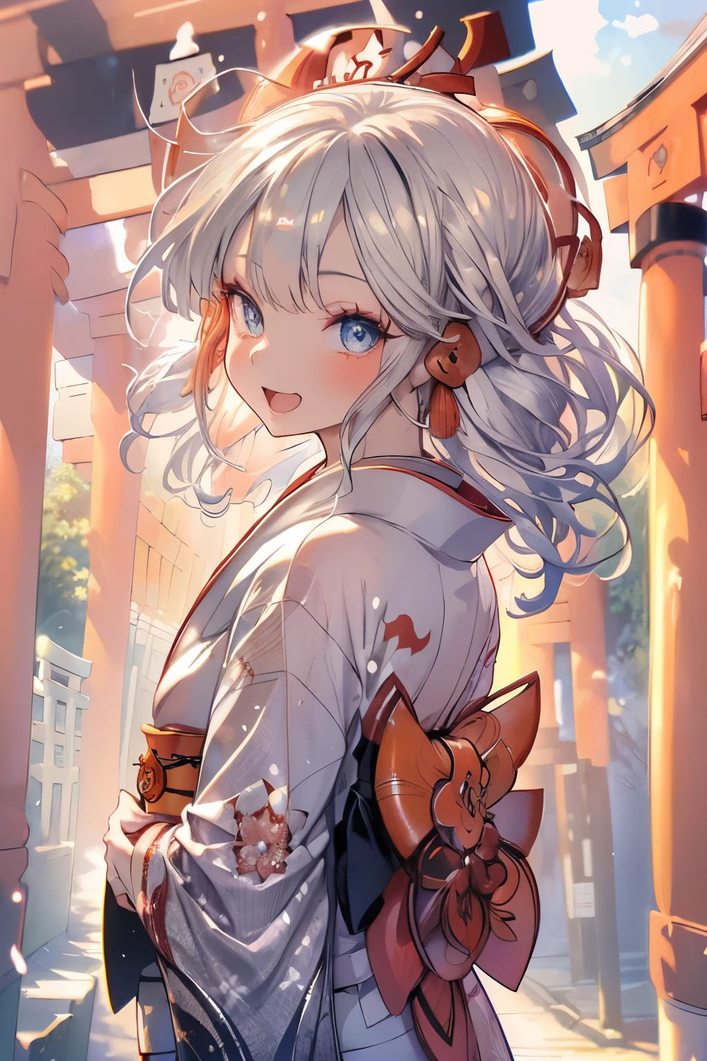 (Best quality,4K,8K,High resolution,Masterpiece:1.2),Super detailed,(Actual, Realistic),highly detailed, top quality, soft skin,Portrait,
break,
((clear blue eyes:1.2)),smiling eyes,beautiful eyelashes,beautiful lower eyelashes,
break,
((Beautiful and shiny silver hair:1.3)),A dazzling smile, a bursting smile, an open mouth laugh,
break,
very happily,
break,
((kimono:1.3)),
break,
((Inari Taisha Shrine in Kyoto:1.4))