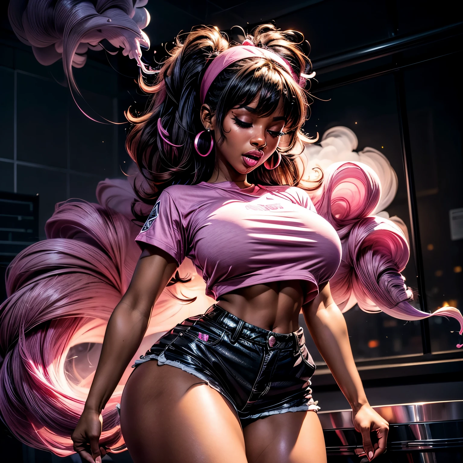 in laboratory, 1, high quality, ebony girl, high resolution, volumetric lighting, 8k, beautiful woman, (dark skin), college student, 's uniform, (big-ass), breasts big, (pink tub top shirt), (cotton shorts:1.2), Wavy hair, pony tail, bangs, headband, hoop earnings, pose sexy, seductively pose, ((slim thick body:1.1), open mouth, big lips, screaming, night time, eyes closed, pink smoke