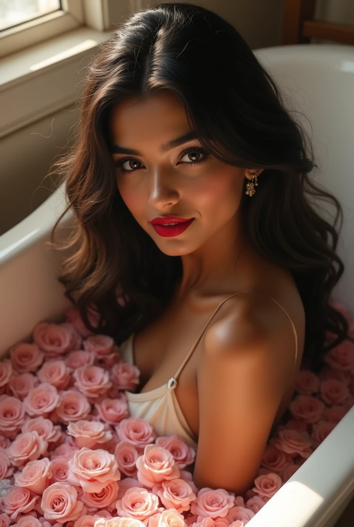 "Masterpiece, top-tier quality, hyper-realistic portrait showcasing the captivating beauty of an Indian girl. Vibrant red lipstick complements her stunning features. She is in a house bathtub adorned with roses, exuding an atmosphere of tranquility. The girl is gracefully seated, with her lower body immersed in the shimmering water."