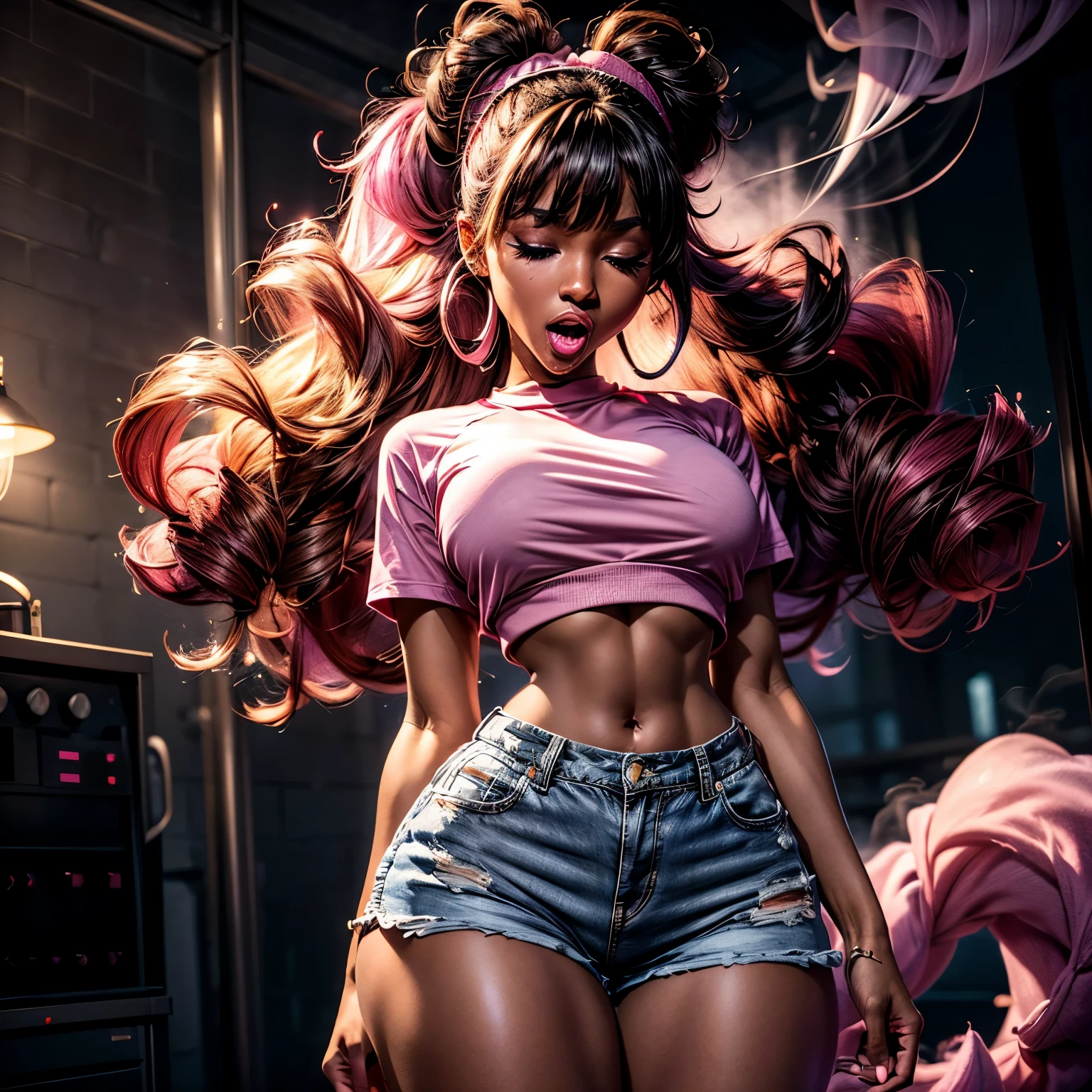 in laboratory, 1, high quality, ebony girl, high resolution, volumetric lighting, 8k, beautiful woman, (dark skin), college student, 's uniform, (big-ass), breasts big, (pink tub top shirt), (cotton shorts:1.2), Wavy hair, pony tail, bangs, headband, hoop earnings, pose sexy, seductively pose, ((slim thick body:1.1), open mouth, big lips, screaming, night time, eyes closed, pink smoke