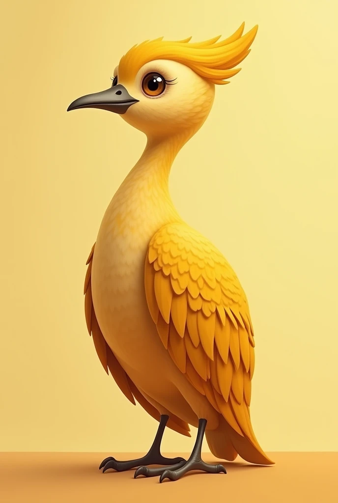 "Create an image of a unique bird with feathers in various shades of mustard yellow. The bird should have a sleek, elegant form, with subtle variations in color creating a gradient effect across its body. Its eyes should be bright and expressive, and the background should be a soft, complementary color that highlights the mustard tones of the bird."