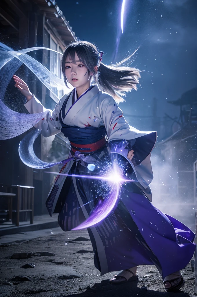One person, kimono, ponytail ,Gray Hair, Purple eyes, magic circle, Blue Fire, Blue Flame, wallpaper, landscape, Blood, Blood splatter, Depth of written boundary, night, Particles of light, light, Side light, Thighs, destiny \(series\), Genshin Impact, Open jacket, skirt