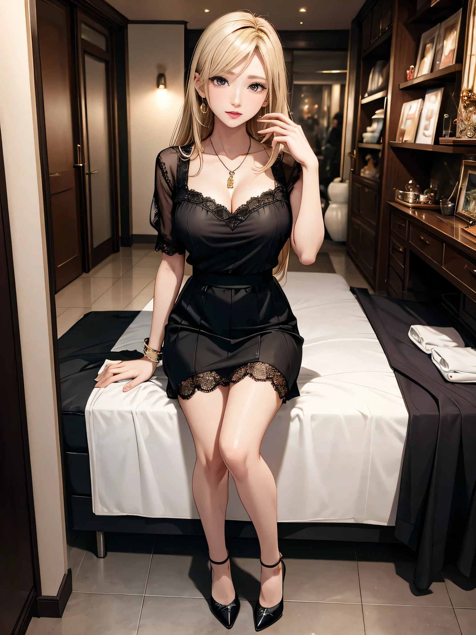 ((Biologically correct limb count))、((Full Body Shot, Full-body photo including face、Head to toe photos))、4K、(masterpiece:1.3)、((Symmetrical facial features))、Eyes of meticulous depiction、beautiful 、Excellent style、((skirt、The neckline is a lace embroidered sheer shirt.、High heels with anklets))、Detailed Description、shopping、Married Woman、sex appeal、Alluring、Handbags、Earrings、necklace、Looking up、Blonde、(male:-0.5),(multiple:-1)