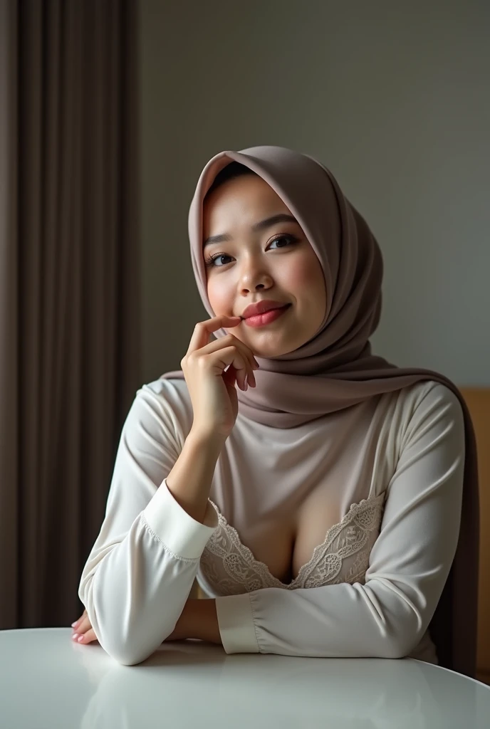 2woman, 3--Old,Fle Teacher, Hijab Beautiful Indonesian Woman, Wearing Tight Gamis, wearing bra, White Porcelain Skin, Realistic Ultra,,2, Lesbian Sex, deeply in Lustful,nipple lick,one finger on pussy,lay down on a table