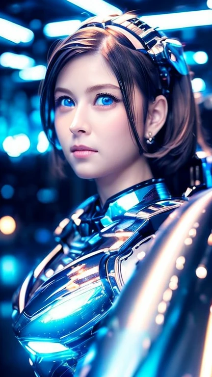 Wide-angle shot, 1 female, Mecha, Sparkling Blue Eyes, Very cute face, (Realistic:1.37), バイオMechaニカル, Spaceship interior bokeh background, Ultra-realistic, Very detailed, Very intricate details, Beautiful woman in focus