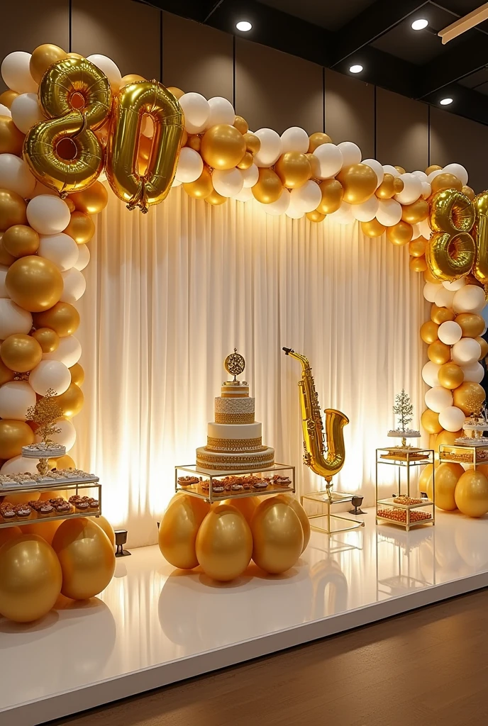 Large event venue wall decoration for 80 year old man's birthday in gold and white, including separately transparent cones as glass boxes with a golden balloon base, On transparent tables, snacks like empanadas, cupcakes, Additional alfajores is that a 1-tier golden saxophone-themed cake that must be on a glass box with a balloon base, Also add lights on the wall in the form of a waterfall curtain, balloons as an arch on the left side with large numbers that say 80 years in the center that says happy birthday PAPASHE with LED lights and that it is an equality between white and gold the image that is a front view