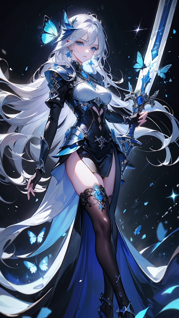 ((masterpiece, Highest quality)), Detailed face,Holy Knight,Character portrait,whole body,Perfect Body Proportions,Long legs,((Long Wavy Hair)), ,Beautiful Eyes,Fantasy Style,Black background,Very beautiful,,Expose,,Silver Hair,Blue Eyes,((Sparkling Eyes)),,Blue Gemstone Brooch,White and blue armor,A blue butterfly dances in the night sky,Black Stockings,Gorgeous Long Sword,Ready your sword