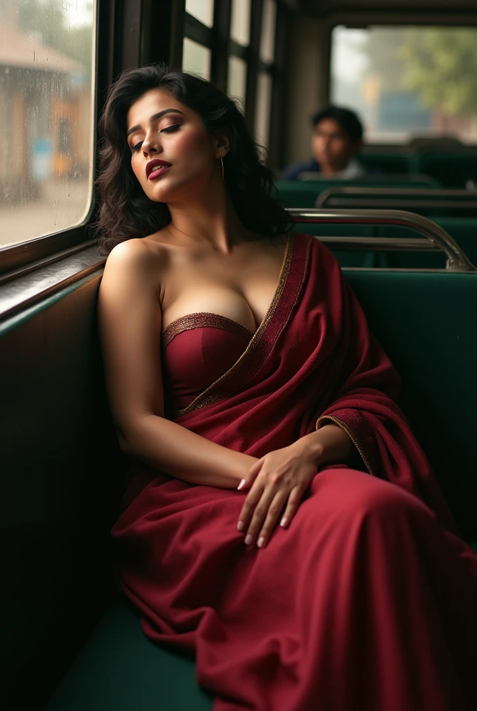 1 beautiful woman, large boobs
, maroon lips, made-up eyelids, two-button saree full body displayed sleeping sitting on the bus, mouth open, eyes closed