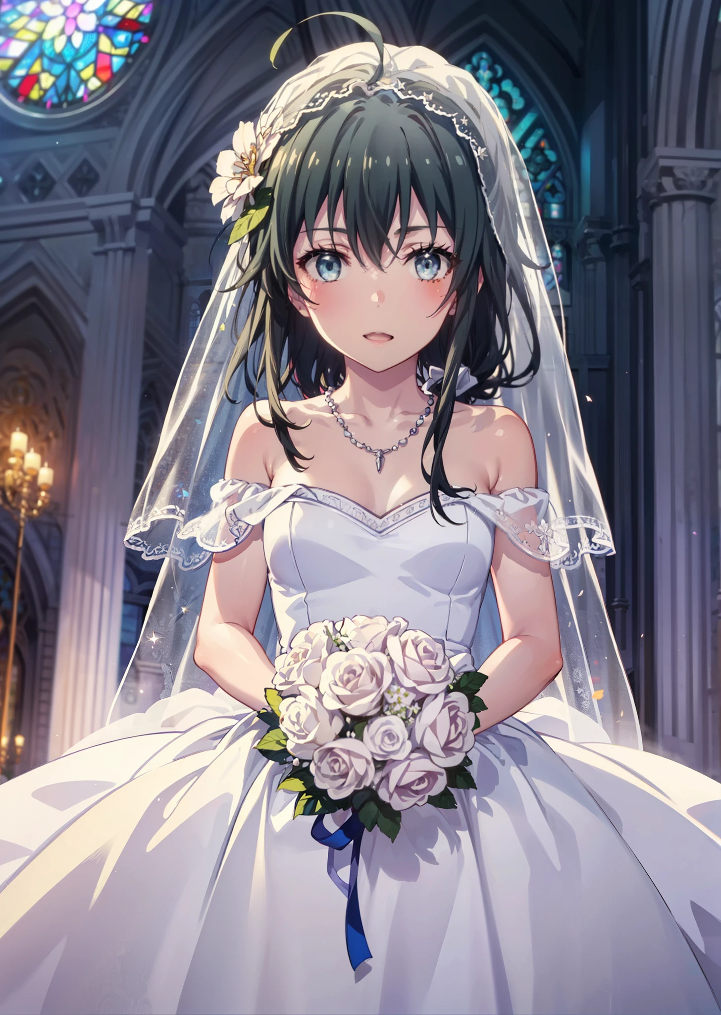 Yukino, yukino yukinoshita, Black Hair, blue eyes, semi-long,Ahoge,smile,blush,Open your mouth,off the shoulder white wedding dress,necklace,Bare shoulders,bare clavicle,Bare neck,wedding long skirt,Veil,bouquet,Holding a bouquet in both hands,Stained glass,whole bodyがイラストに入る,　　　　　　　　　　　break indoors, Chapel,Association,
break looking at viewer, whole body,(Cowboy Shot:1.5),
break (masterpiece:1.2), Highest quality, High resolution, unity 8k wallpaper, (figure:0.8), (Beautiful attention to detail:1.6), Highly detailed face, Perfect lighting, Highly detailed CG, (Perfect hands, Perfect Anatomy),