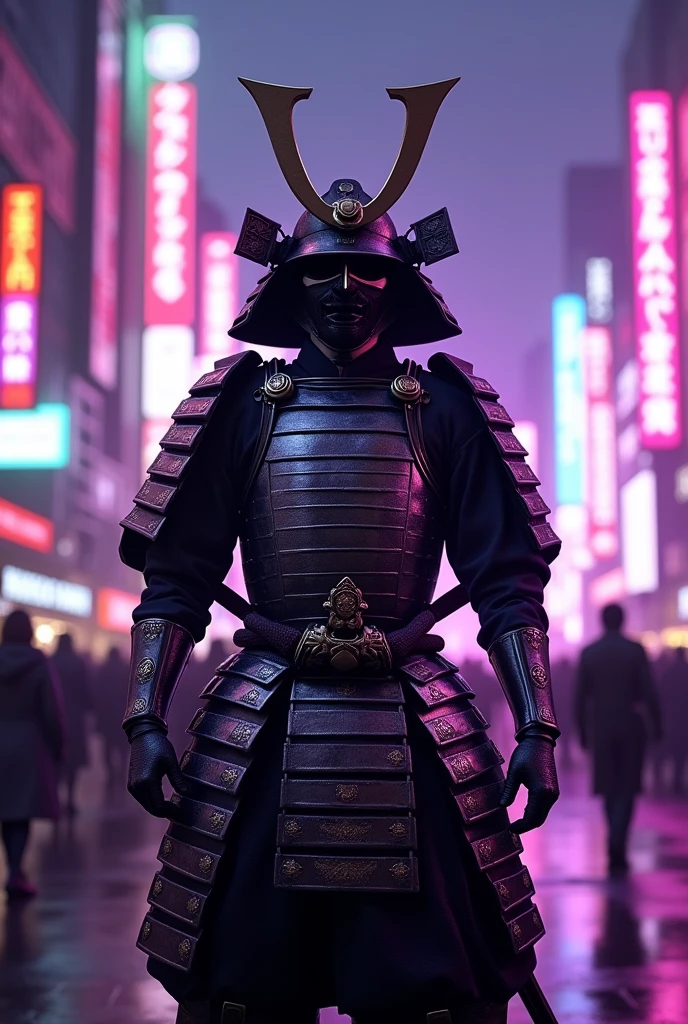 Create an image of a samurai in Tokyo with purple lights