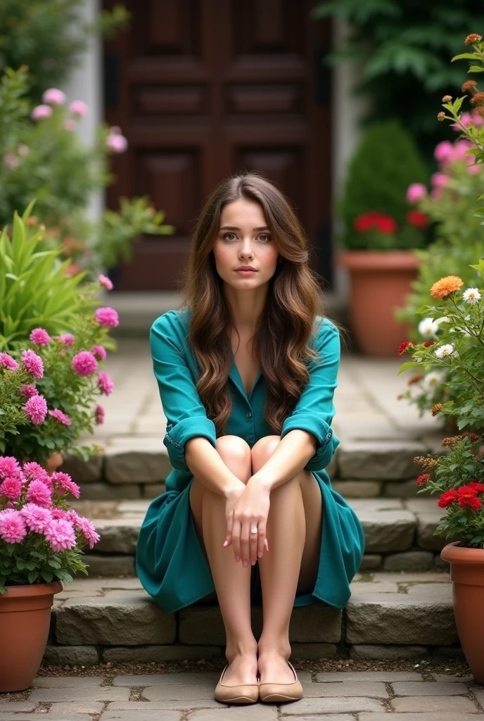 Vibrant outdoor portrait of a young woman sitting on stone steps surrounded by lush greenery and potted plants. She has long, wavy brown hair and fair skin, with a thoughtful expression on her face. She is wearing a teal blouse with rolled-up sleeves and a long, mini short pant, paired with light brown flats. The background features a variety of colorful flowers in terracotta pots, and a dark wooden door is visible in the distance, adding depth to the scene. The overall composition is balanced and serene, highlighting the natural beauty of the setting and the subject.