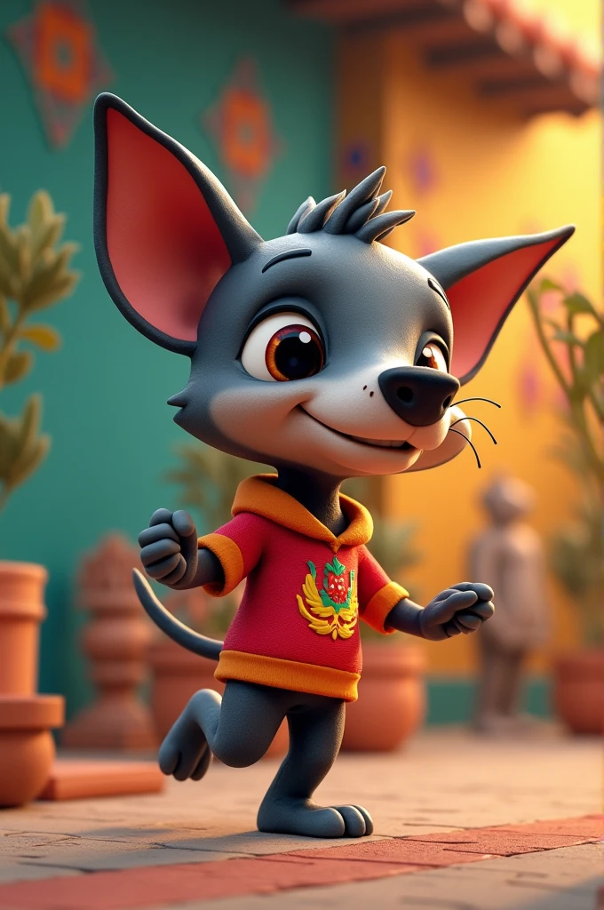 “Create an animated mascot design for the Pan American Games 2024 inspired by Milco, the former mascot of Lima 2019. This new mascot should be a Peruvian Hairless Dog, featuring its distinctive traits: minimal hair on its head resembling a small topknot, and a sleek black or grayish skin with spots. The design should capture the spirit of the games while highlighting the cultural significance of this unique breed. The mascot should have a friendly and dynamic expression, with traditional Peruvian motifs subtly incorporated into its design, representing both modern and ancient Peruvian culture.”