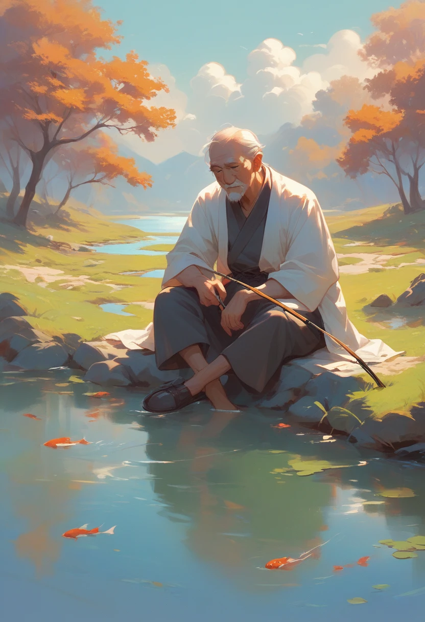 1 Chinese old man fishing,Sitting by the river,Vision