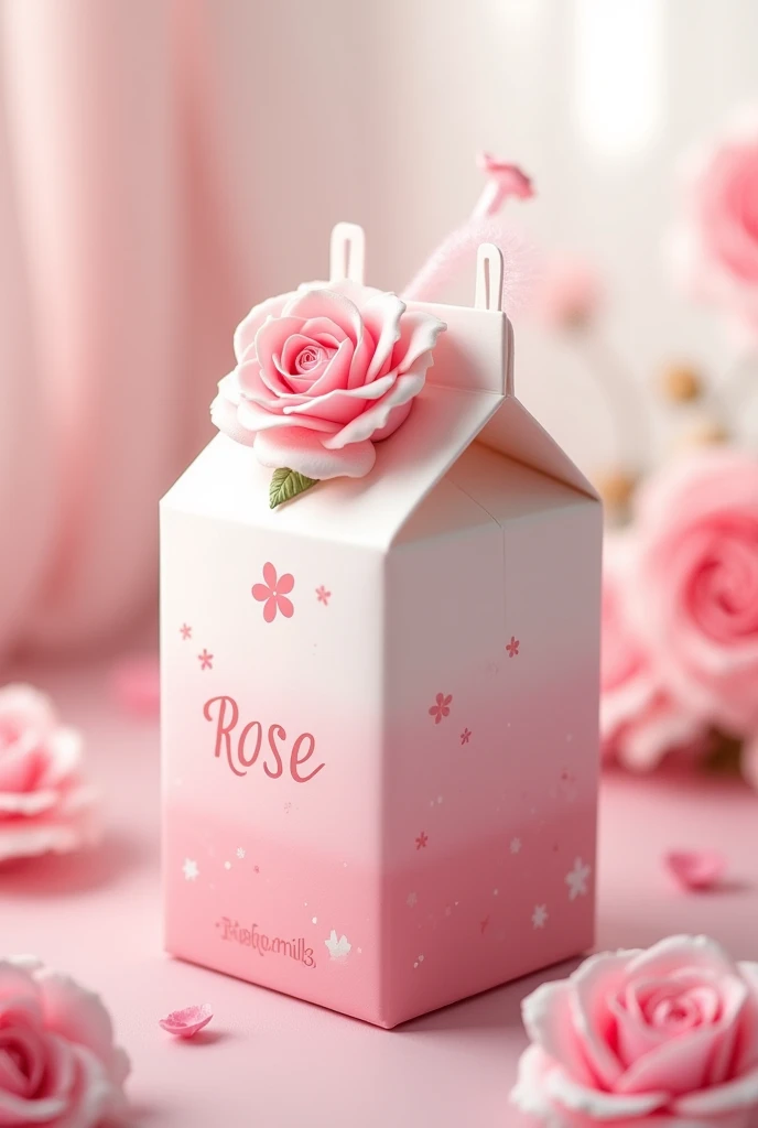 Create a milkshake box drink named rosemilk with pink and white colour