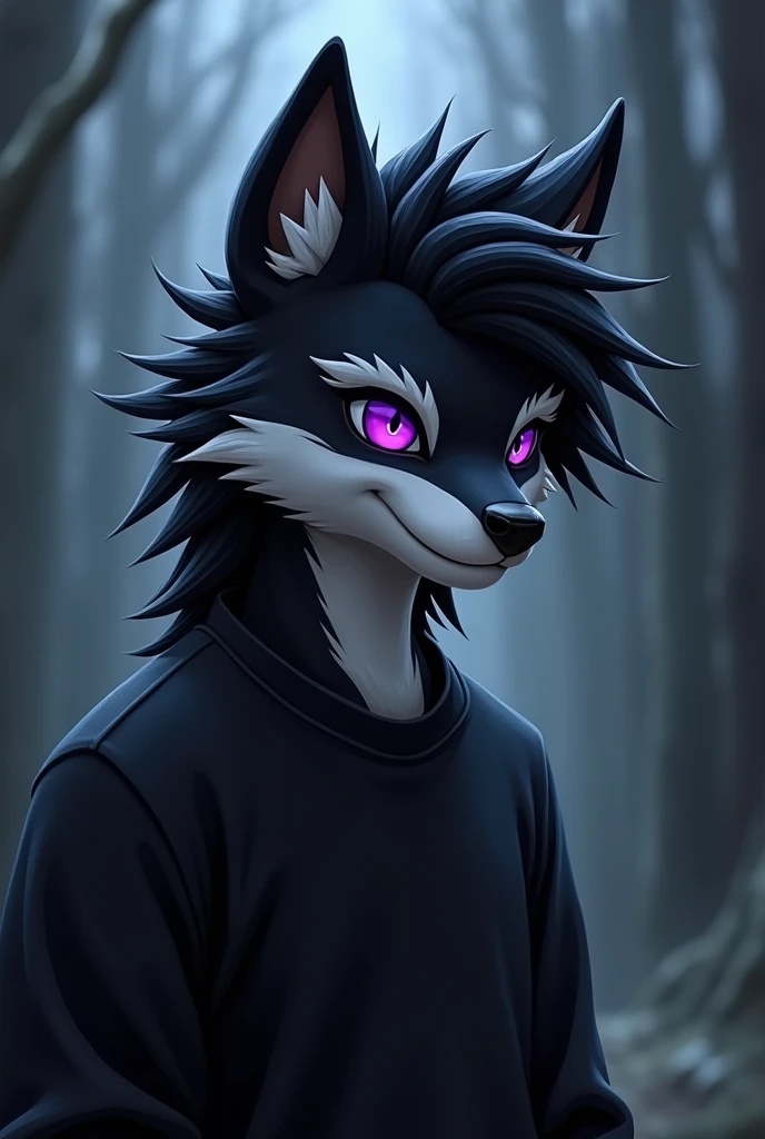 Furry, black and white fur, purples eyes, Bblack hair, black sweatshirt, nocturne background, good quality