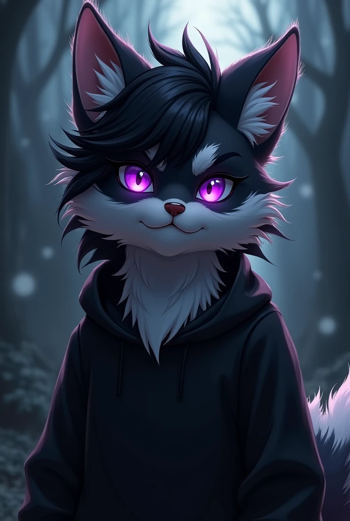 Furry, black and white fur, purples eyes, Bblack hair, black sweatshirt, nocturne background, good quality