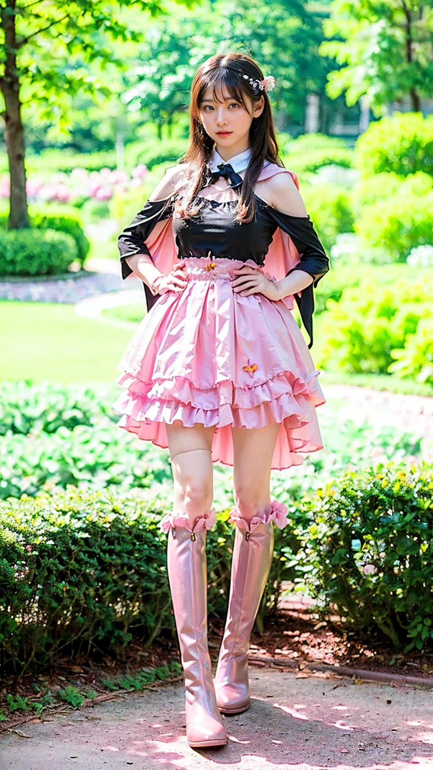 (8k、RAW Photos、Highest quality、masterpiece:1.2)、(Realistic、Realistic)、1 person、((Black and Pink、garden、Frills、Cape、mini skirt、Thin legs、whole body、boots、View from the front、Looking into the camera、Stand with hands on hips))、cute