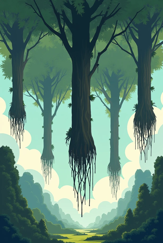 A forest where the trees grow upside down, with roots in the sky and leaves brushing the ground, challenging the viewer's perception of gravity and reality. 

make it upside down and simple
