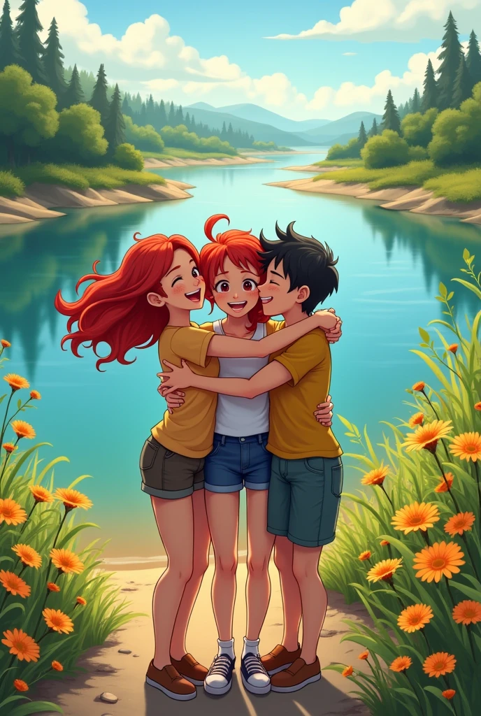 C.
9. **Celebration on the Other Side**: Illustrate Ellie, Rina, and Ricky cheering and hugging each other happily on the other side of the river, celebrating their success together.