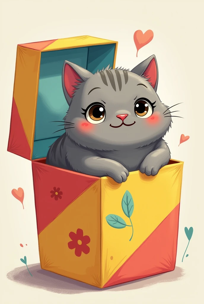 A fat gray male cat inside a cartoon style box.