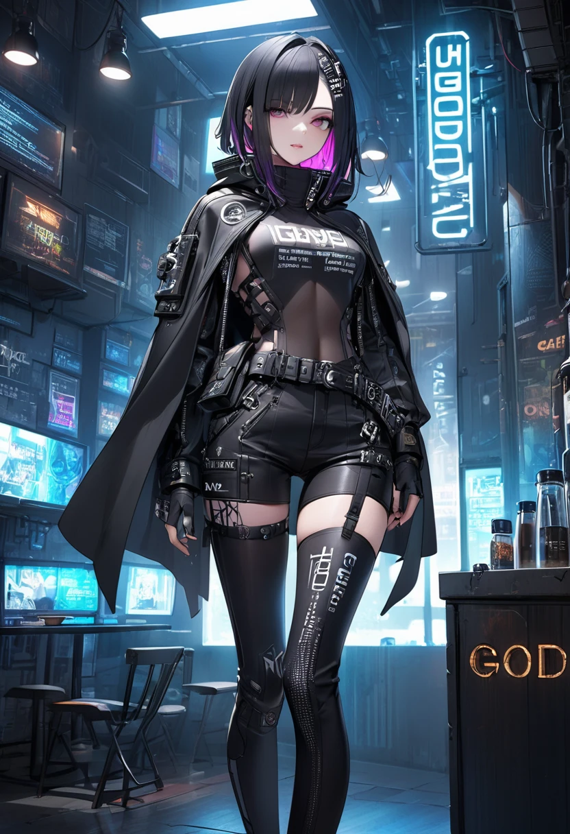 Very detailed、whole body、Wear futuristic punk fashion、Wear a cape with the word GOD written on the back、Cyberpunk Cafe、woman、Medium chest、