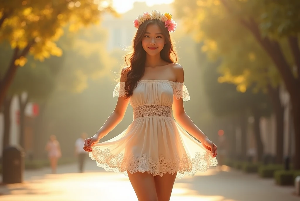 Lace，Ultra high quality，High heel，Long legs，Smile，Sunlight，Off-shoulder，Short skirt，full-body shot，Wear flowers on your head，student，charming，Lifting skirt