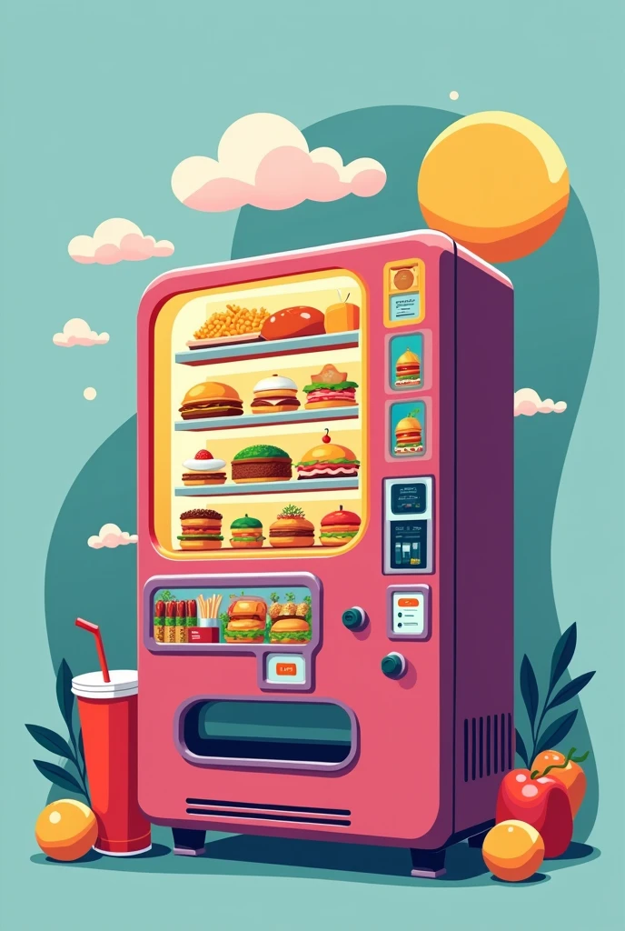 "Design a logo for a food vending machine. The logo should convey convenience and variety, featuring elements like a stylized vending machine, food items, or a dynamic, modern look. Use vibrant colors to attract attention and ensure the design is simple and recognizable, reflecting the ease and accessibility of grabbing a quick meal or snack."