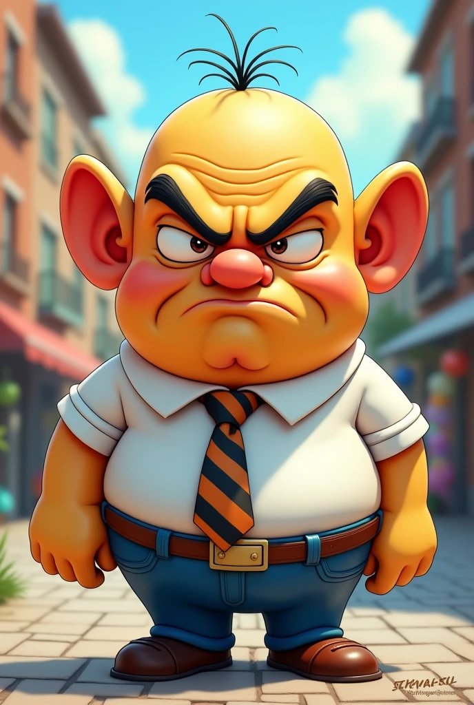 A colorful cartoon character that is an angry boss in a Disney and Pixar style. He is bald with a big nose and a large mustache. His nose is narrow, thin, and long, starting from his eyebrows, with hairy, prominent nostrils. He has only two strands of hair on his head, and his eyebrows are thick and expressive. He wears a white shirt, blue pants, and a striped tie. His body is small, similar in shape to a Minion, with thin legs and a large torso. His ears are red with anger. The character's nose references include Lord Farquaad from Shrek, Sideshow Bob from The Simpsons, Nigel Thornberry, and Mr. Crocker.
