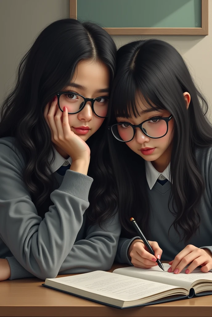 16 year old student with glasses, you are dark, curly hair with long hair in uniform and wears a gray sweater. Recostada en su amiga de cabello lizo de you are dark y que esta escribiendo