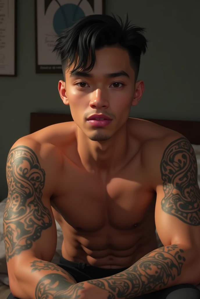 a young man AI high quality muscular tattoo with name “ruy” light skin tanned piercing gaze pink mouth with realistic animated bedroom background