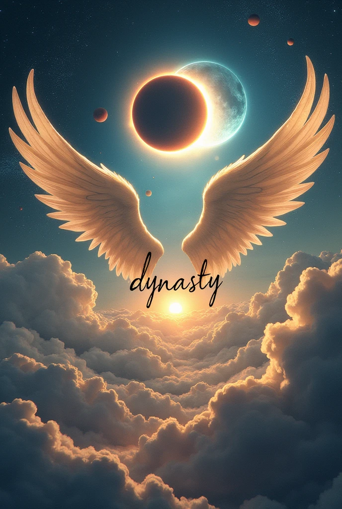 eclipse with planets and angel wings background, only the wings on top that say the word Dynasty in letters similar to those in the image 