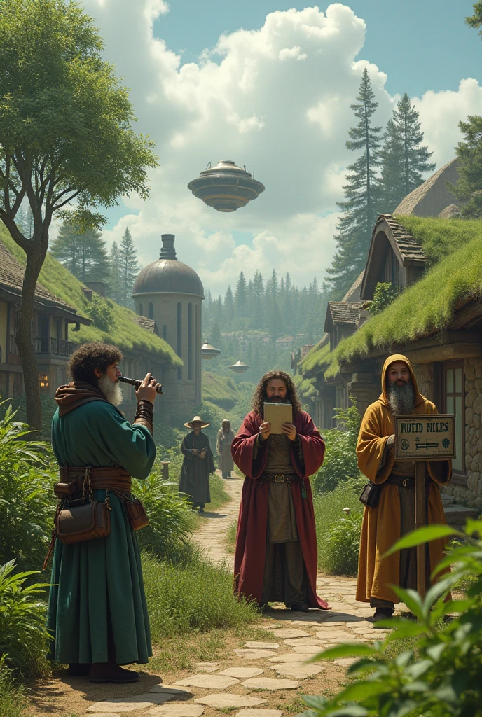 Modern marijuana users in medieval costumes and the modern hobbit shire with a sign