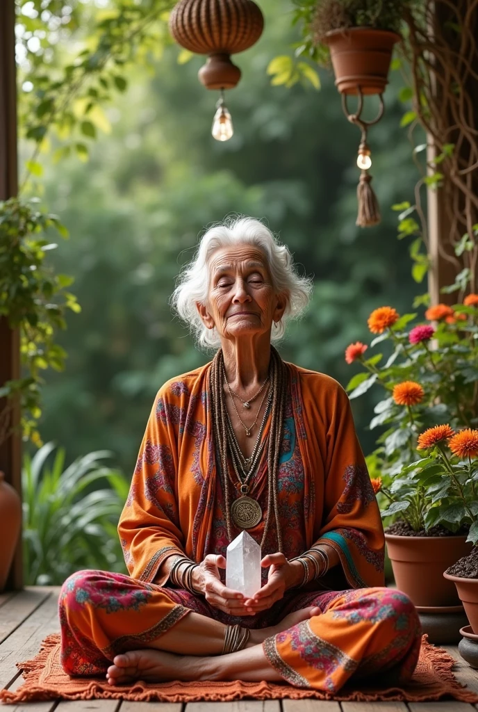Senior woman 6 bohemian hippie meditating alone with quartz on her terrace overlooking the garden