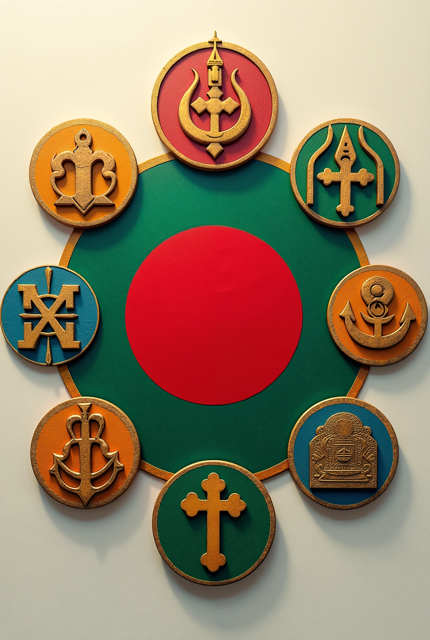 Bangladeshi Flag and the sign of Hindu, Muslim, Christian, Buddhist and Sikh religion sign around the red circle