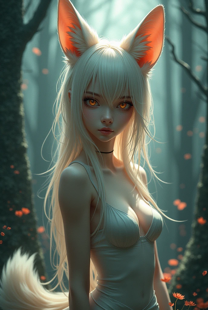 ((Masterpiece)), (woods), Gumiho, Kitsune, ((Loup)), monochrome, (surnaturel), Sombre, (magique), mythique, Ambiance verte, serein, ((aura)), Light particles