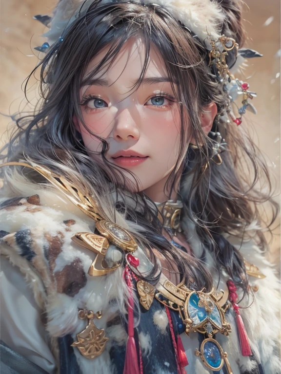 Hiding in the snowy mountains、Hair Flow、 ((Highest quality、masterpiece、8k、Best image quality、Ultra-high resolution、Award-winning works)、(Accurate anatomy:1.1)、(Look at me and smile:1.1)、Shining fair skin with Ultra-high resolution、The most detailed face、Ultra-high resolution detailed face、Ultra-high resolutionの髪の毛、(Ultra-high resolutionの煌めく瞳:1.1)、Beautiful face drawn in every detail、(Blurred Background:1.1)、Ancient Inuit clothing, Chest to chest, tattoo, Old ruins in the background、he'that'big, You have a real hawk on your shoulder..