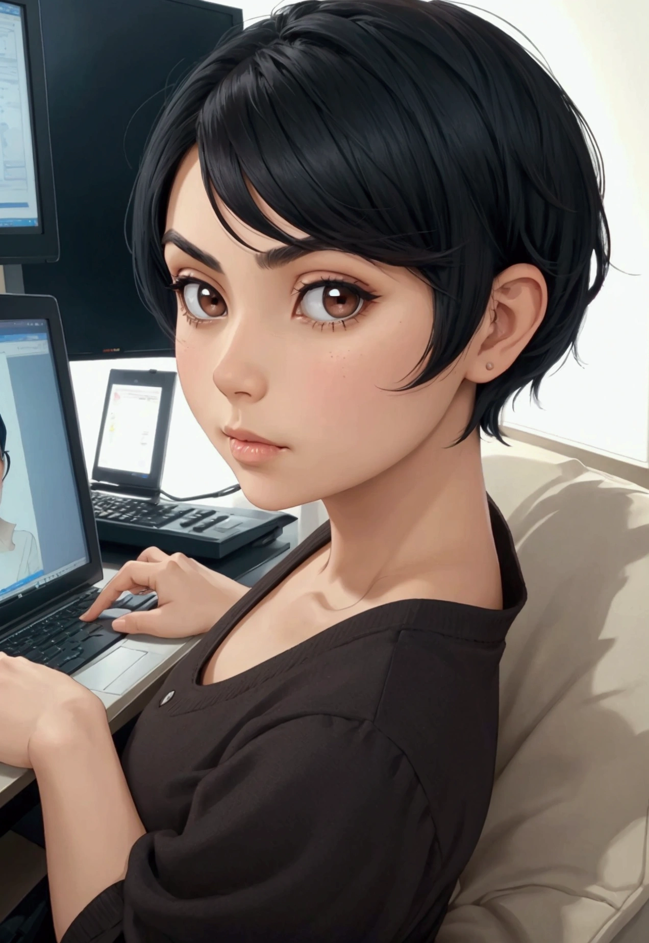 A woman with very short black hair, large, rounded brown eyes, looking at the computer screen