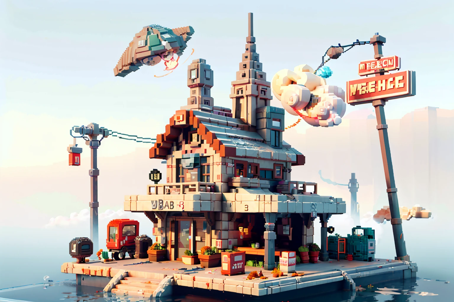 masterpiece,best quality,(ray tracing,cinematic lighting), , (concept art background \(Voxel\):1.6), (vbcb:1.6), 3d pixel art, (vpa:1.3), (minecraft:1.3),Voxel, scenery, no humans, bird, building, smoke, city, cityscape, bridge, outdoors, fog, sky, cloud, aircraft, crane (machine), tower, watercraft, smokestack,
, motor vehicle, ground vehicle, halo, motorcycle, 1girl, lamppost, solo, scenery, building, outdoors, city, sky, cityscape, city lights, road, wide shot, night, skyscraper, sitting, science fiction, standing, white hair
