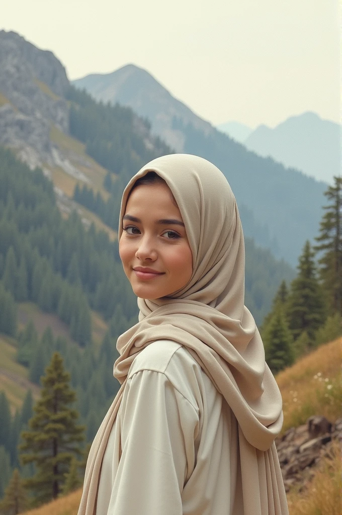 Cute-Lady with simple hijab, hiking the mountain , turn her face to viewer, smug smile, pale skin tone, no lines, minimalist painting, painterly gouche colors, simplicity and elegant