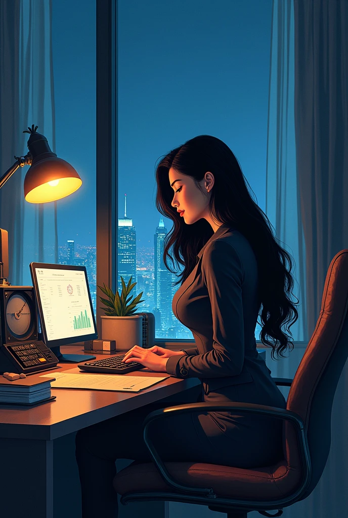 (zero), working in office, mature woman, Profile, night lights, Window of office, Analog Color Theme, large full breasts, Lo-Fi(Lo-Fi), flat, 2.5D ,Draw a line, Ink Drawing, Large gradients, Watercolor painting, Goosch Colors, Studio Ghibli Style, Awesome colorful, Outerwear, Synthwave, lofi art,90s style,Old texture, amplitude,90s vibe, masutepiece, Huge technology, Blackhead, Scenery of Korea, a beautiful woman, long hair, Office Landscape, Sitting in a chair and working, View Notebooks, night scene, Dark Night, clothed, Rainy Night, OfficeLook, Detail