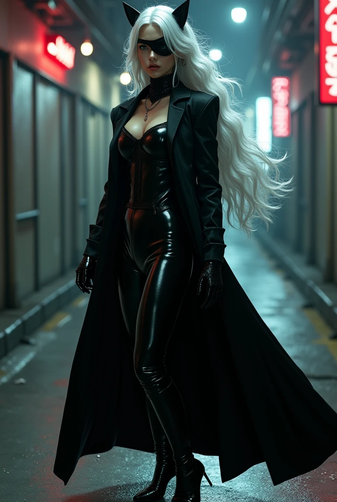  Catwoman with long white hair, in a long black coat and latex leggings, and with an eye patch over her right eye