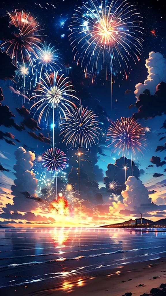 Skysky, fire works, NOhumans, scenecy, ​​clouds, exteriors, natta, cloud sky, inverted image, nigh sky, stele（Skysky）, Eau, the sunset, horizon, starrysky, the ocean,mutiple fireworks,Grand fireworks