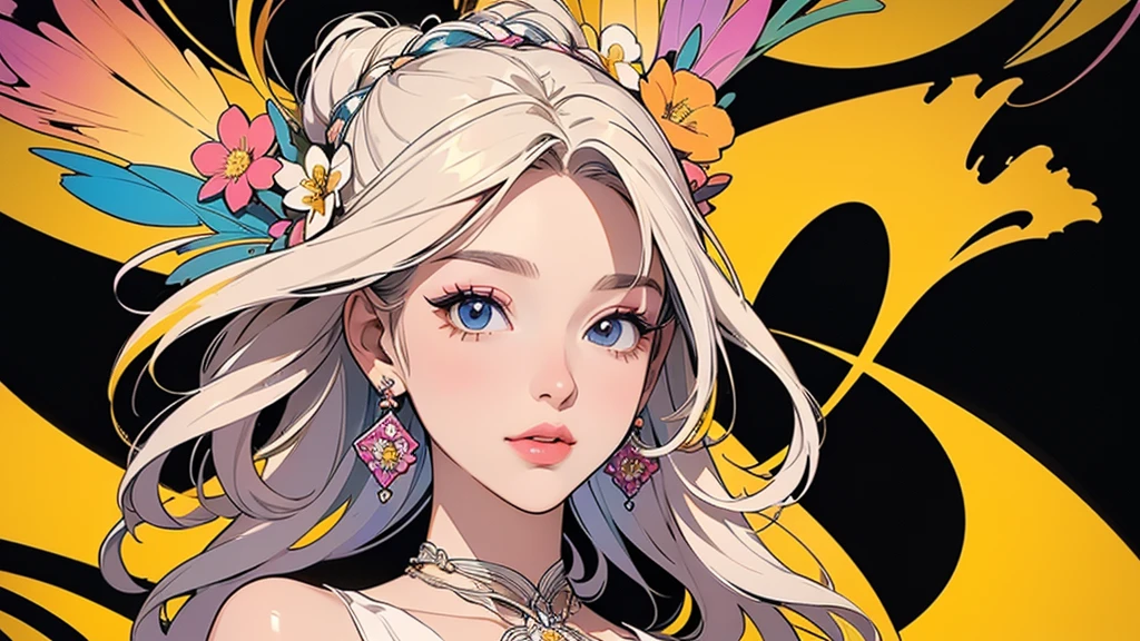 32K, 最高quality, 最高masterpiece, (ultra-Detailed Background, Detailed Background), High resolution, Super detailed, Very detailedな, 1 personの, (bouquet:1.3), (Tangled:1.2), (Geometric:1.2),(colorful),(masterpiece, quality, best quality, Official Art, Beautiful and beautiful:1.2), (1 person:1.3), Very detailed,(colorful:1.1)(Flowers:1.3),Most detailed,(Tangled:1.2), whole body, (Abstract background:1.3), (Skin glows), (Many colors:1.4), ,(Earrings Jewelry:1.5), Yellow background, It's imaginative., Milk tea colored hair, Updo,