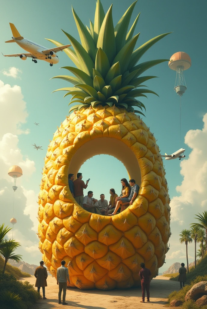 The big fruit pineapple has a big one window on top, and the inside of a window there's people communicating, and in the top of pineapple there's airplane